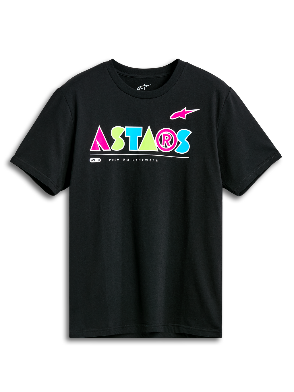 Alpinestars Cereal CSF Tee, t-shirt de manga curta, preta, logótipo ASTARS geométrico vibrante em rosa, verde-lima e azul-claro, streetwear casual de desportos motorizados