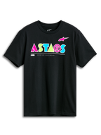 Alpinestars Cereal CSF Tee, t-shirt de manga curta, preta, logótipo ASTARS geométrico vibrante em rosa, verde-lima e azul-claro, streetwear casual de desportos motorizados
