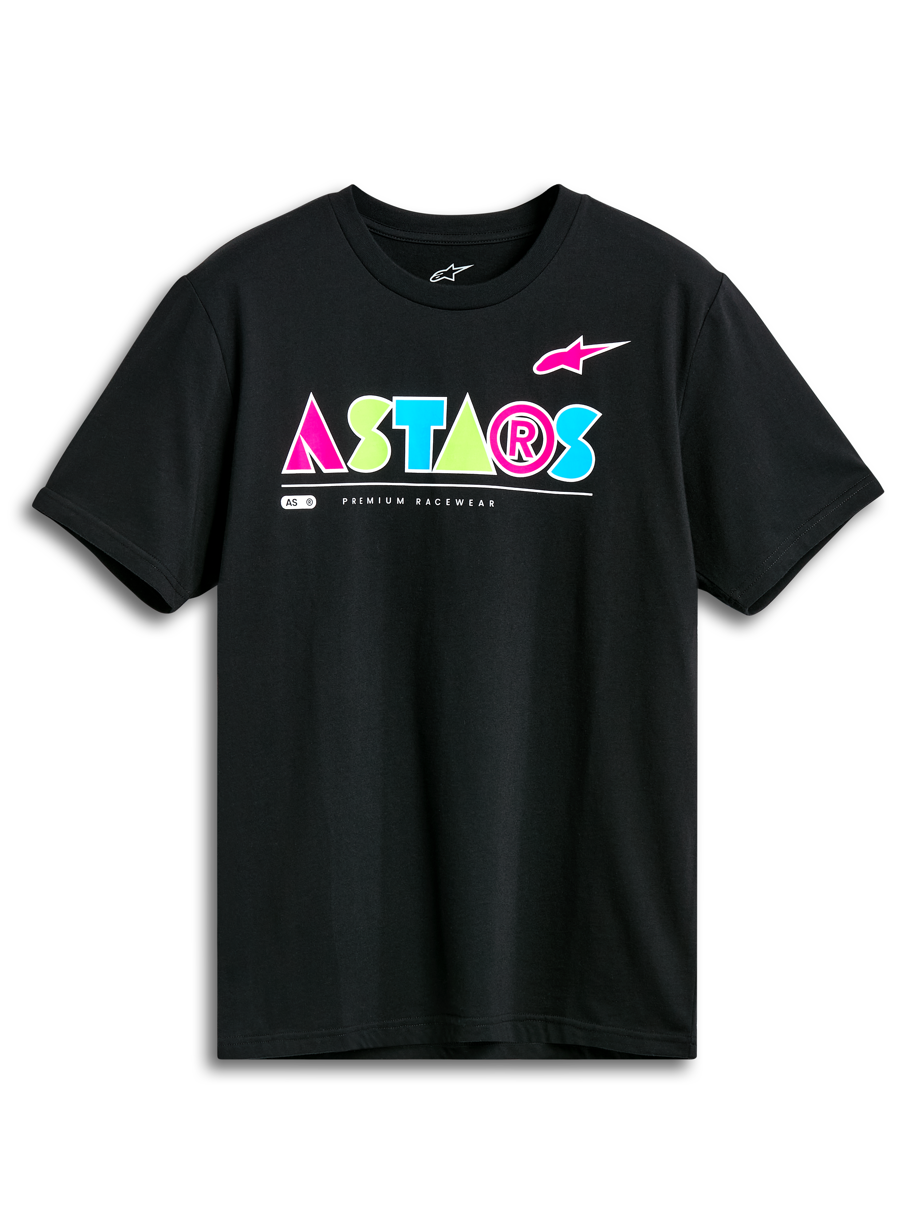 Alpinestars Cereal CSF Tee, t-shirt de manga curta, preta, logótipo ASTARS geométrico vibrante em rosa, verde-lima e azul-claro, streetwear casual de desportos motorizados