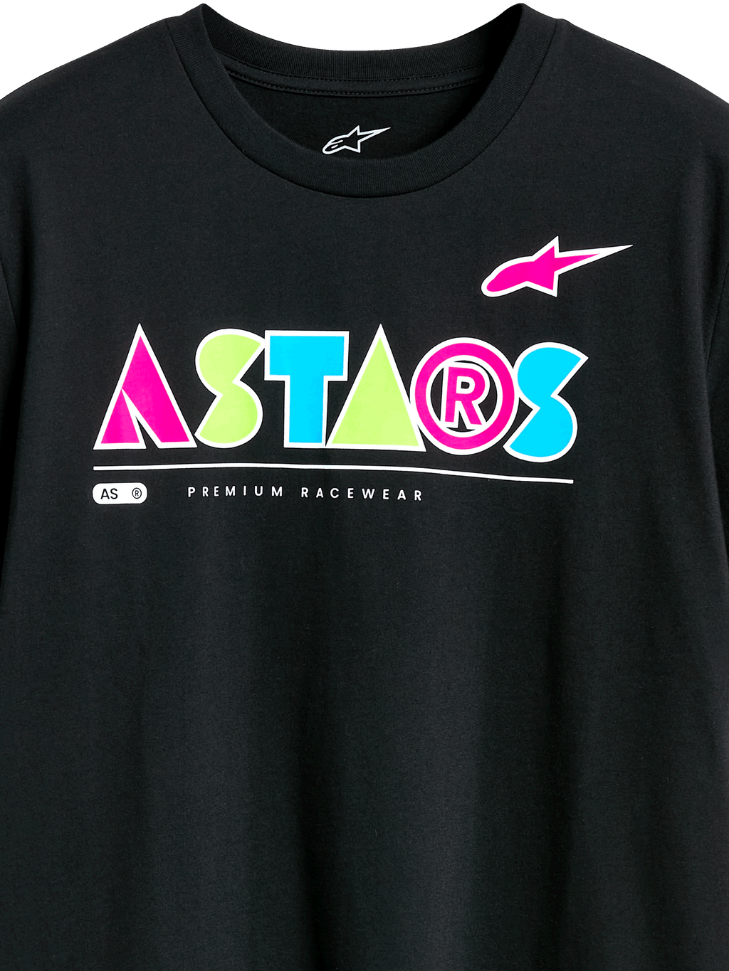Alpinestars Cereal CSF Tee, t-shirt de manga curta, preta, logótipo geométrico ASTARS colorido com detalhes em rosa, verde e azul, texto Premium Racewear, estilo casual motorsport streetwear