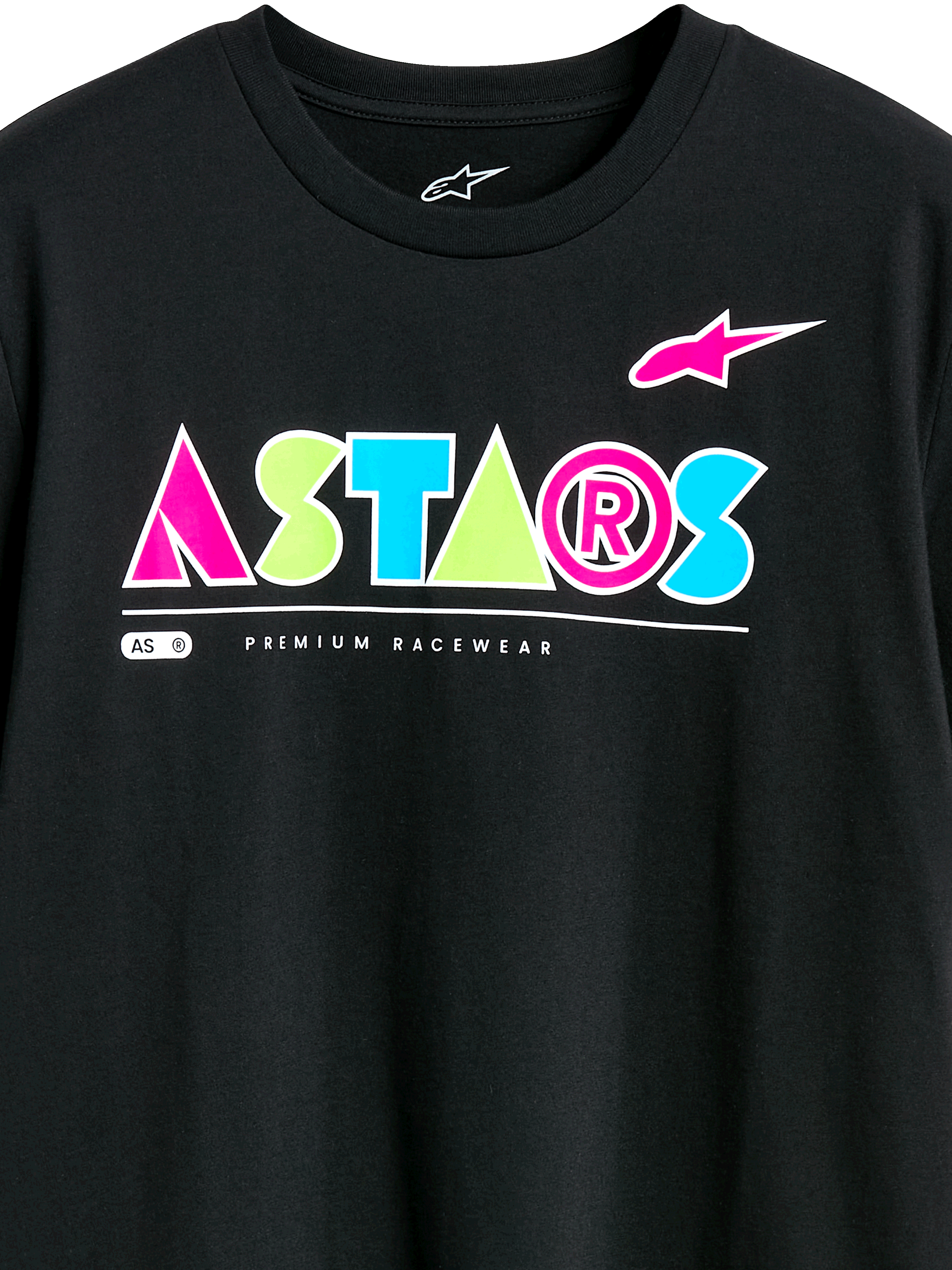 Alpinestars Cereal CSF Tee, t-shirt de manga curta, preta, logótipo geométrico ASTARS colorido com detalhes em rosa, verde e azul, texto Premium Racewear, estilo casual motorsport streetwear