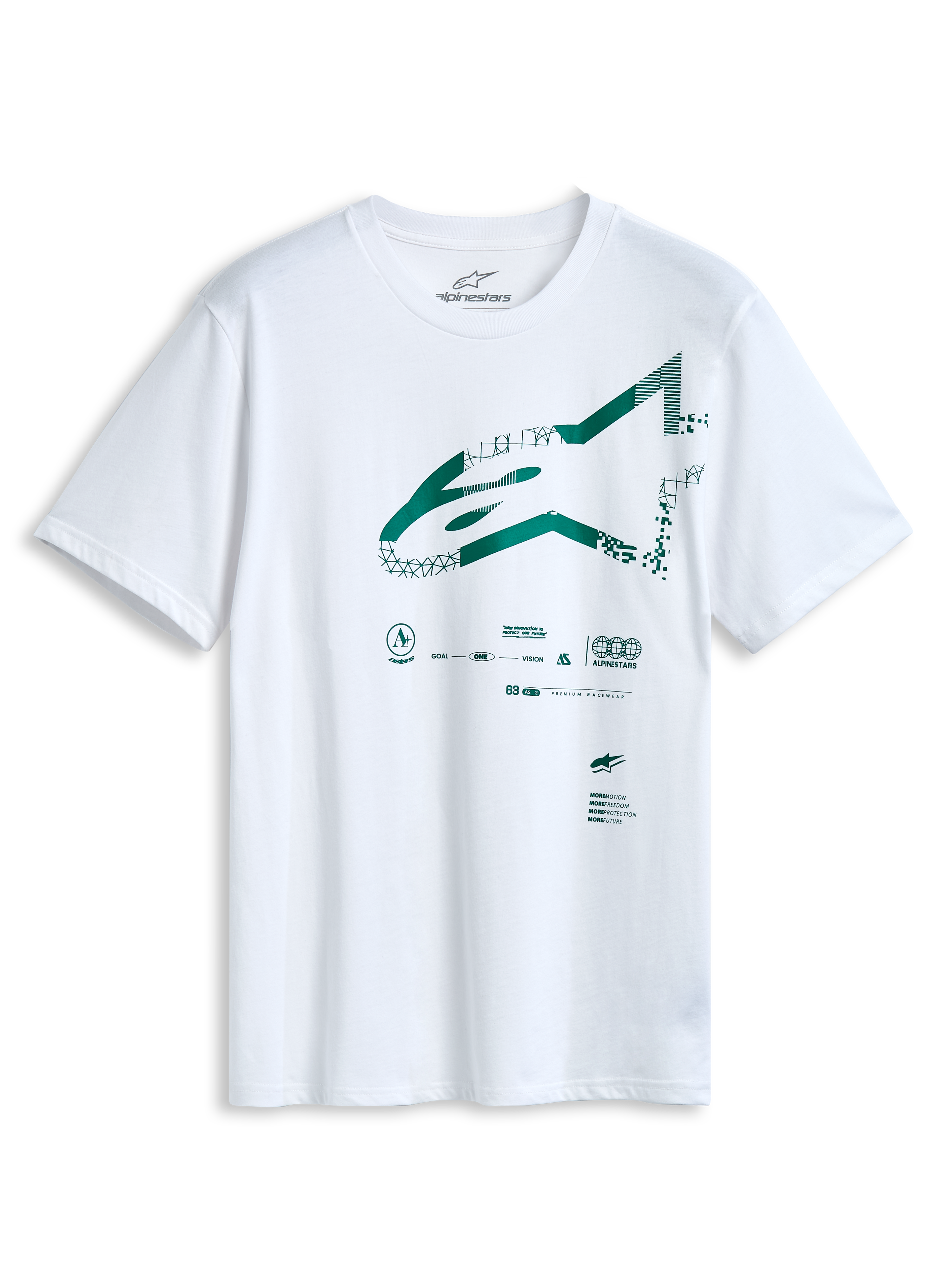 T-shirt Alpinestars Geografica CSF, t-shirt de manga curta, branca, com logótipo Astars frontal em verde e gráfico multi-tech, vestuário casual de motorsport