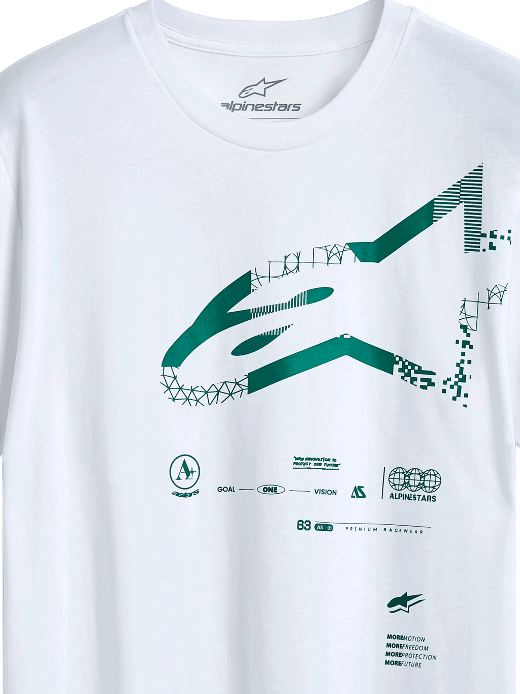 Alpinestars Geografica CSF Tee, t-shirt de manga curta, branca, logótipo Astars verde com gráficos geométricos e pixelizados, streetwear casual inspirado no desporto motorizado