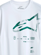 Alpinestars Geografica CSF Tee, t-shirt de manga curta, branca, logótipo Astars verde com gráficos geométricos e pixelizados, streetwear casual inspirado no desporto motorizado