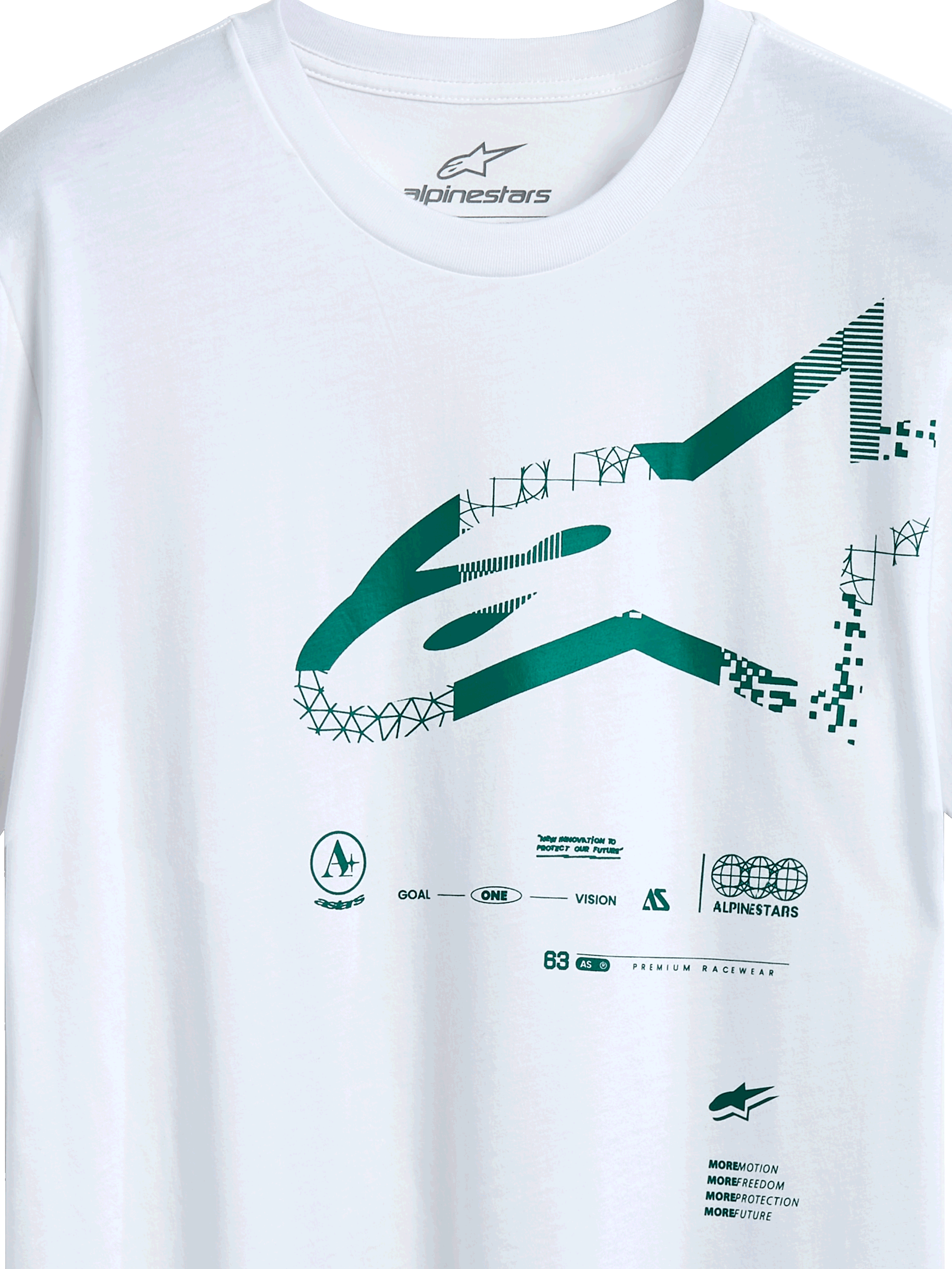 Alpinestars Geografica CSF Tee, t-shirt de manga curta, branca, logótipo Astars verde com gráficos geométricos e pixelizados, streetwear casual inspirado no desporto motorizado