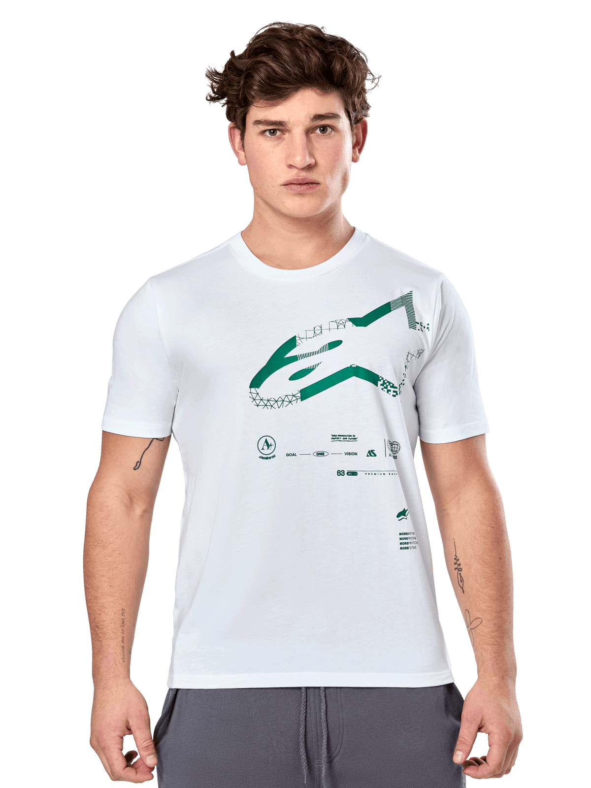 Alpinestars Geografica CSF Tee, White Short Sleeve T-Shirt with Green Multi-Tech Astars Graphic and Technical Symbols, Casual Motorsport Sportswear