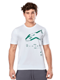 Alpinestars Geografica CSF Tee, t-shirt branca de manga curta com gráfico Astars multi-tech verde e símbolos técnicos, vestuário desportivo casual de desportos motorizados
