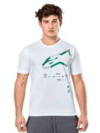 Alpinestars Geografica CSF Tee, t-shirt branca de manga curta com gráfico Astars multi-tech verde e símbolos técnicos, vestuário desportivo casual de desportos motorizados