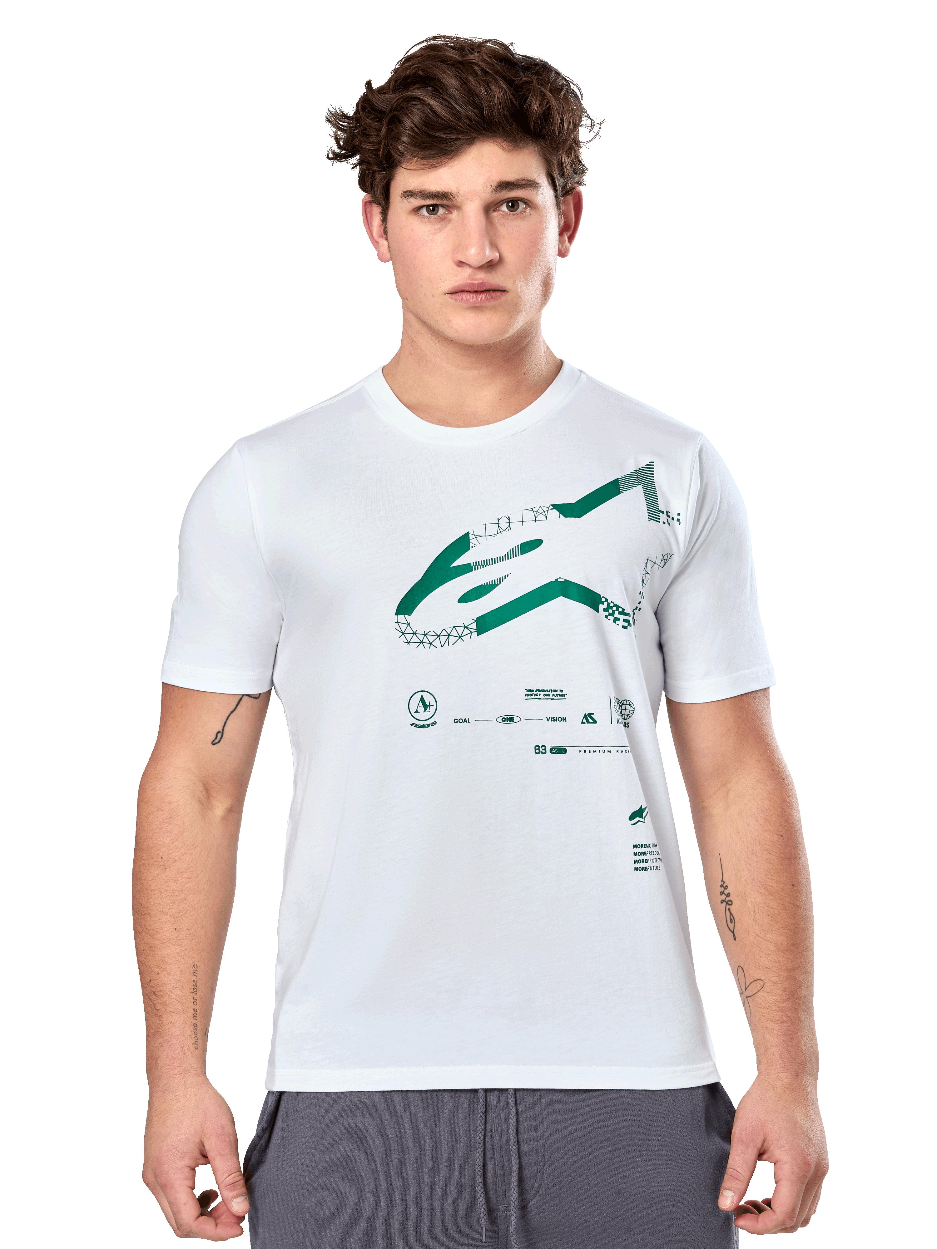Alpinestars Geografica CSF Tee, t-shirt branca de manga curta com gráfico Astars multi-tech verde e símbolos técnicos, vestuário desportivo casual de desportos motorizados
