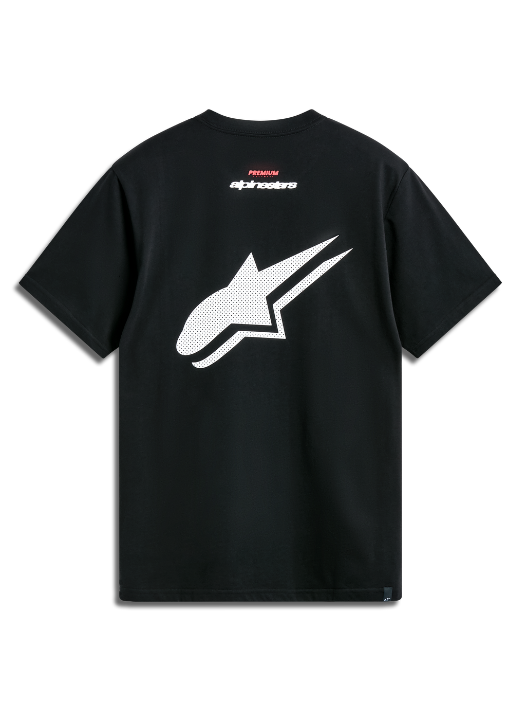 Alpinestars Formulate Csf Tee, T-shirt de manga curta, preta, vista traseira com logótipo Astars branco perfurado, branding de texto em vermelho e branco, streetwear casual de desportos motorizados