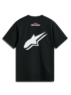 Alpinestars Formulate Csf Tee, T-shirt de manga curta, preta, vista traseira com logótipo Astars branco perfurado, branding de texto em vermelho e branco, streetwear casual de desportos motorizados