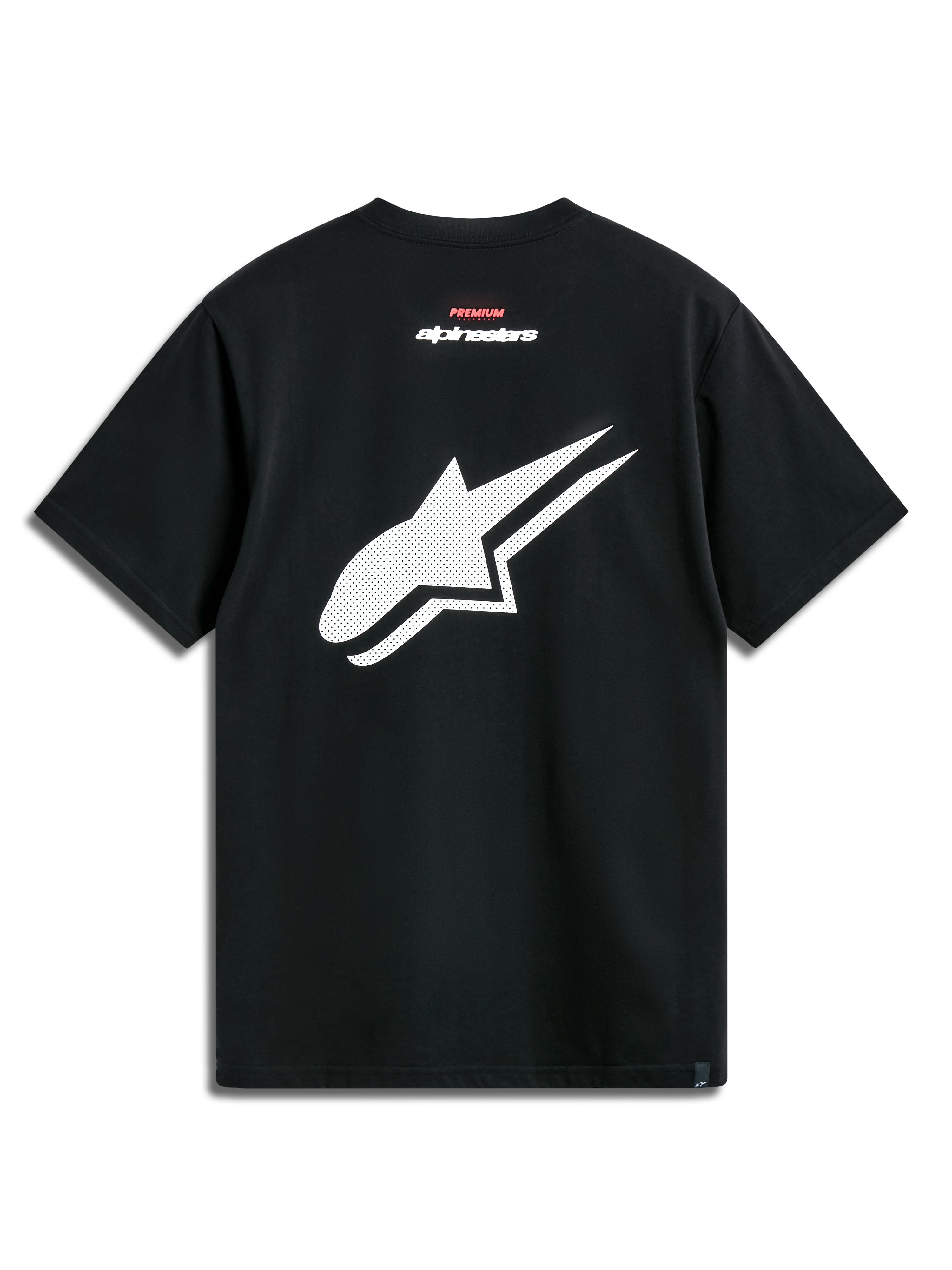 Alpinestars Formulate Csf Tee, T-shirt de manga curta, preta, vista traseira com logótipo Astars branco perfurado, branding de texto em vermelho e branco, streetwear casual de desportos motorizados
