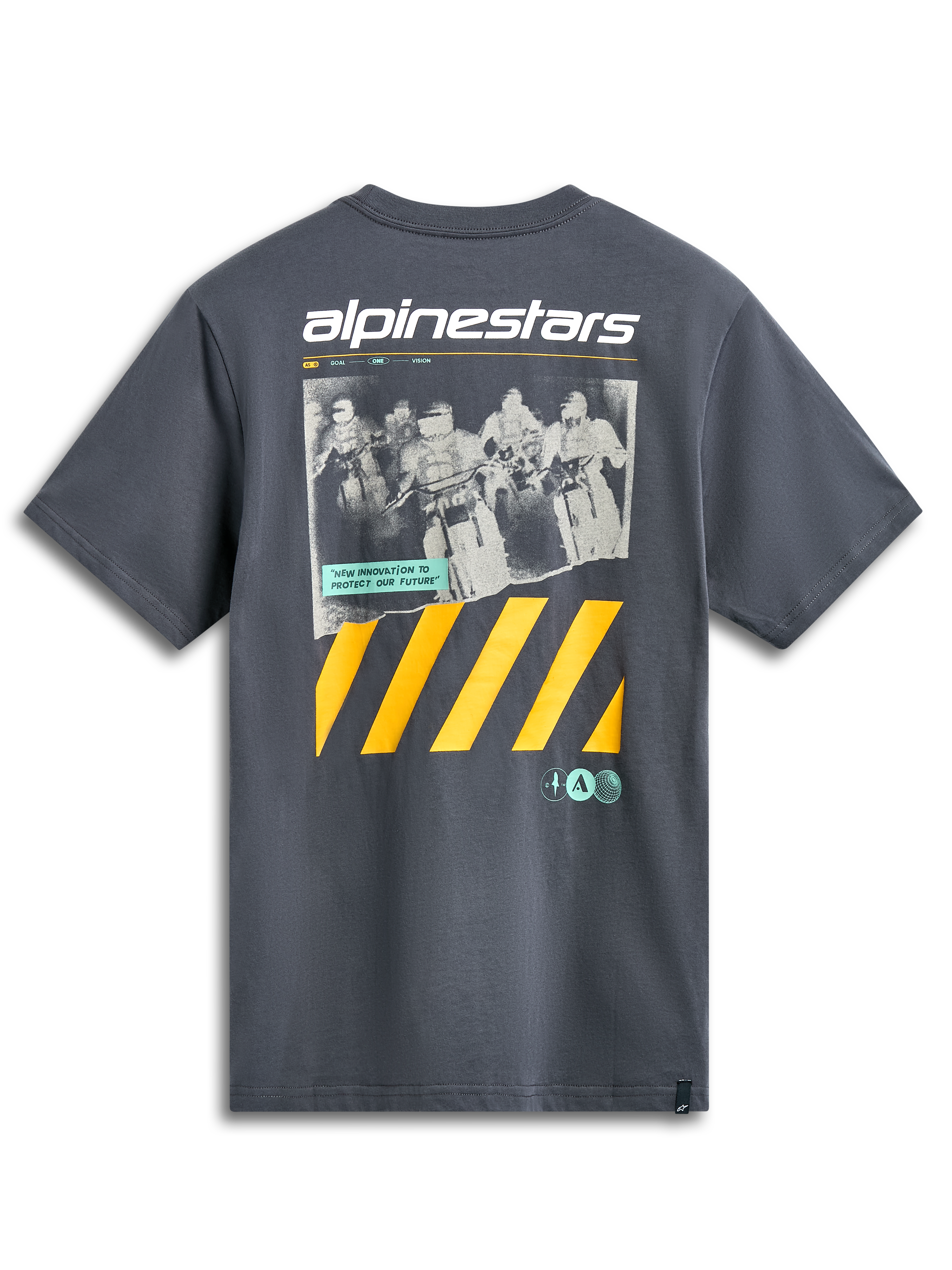 Alpinestars No Barrier CSF Tee, Short Sleeve T-Shirt, Charcoal, large graphic featuring a distressed motocross photo, white Alpinestars branding, and bold yellow diagonal stripes, casual motorsport streetwear