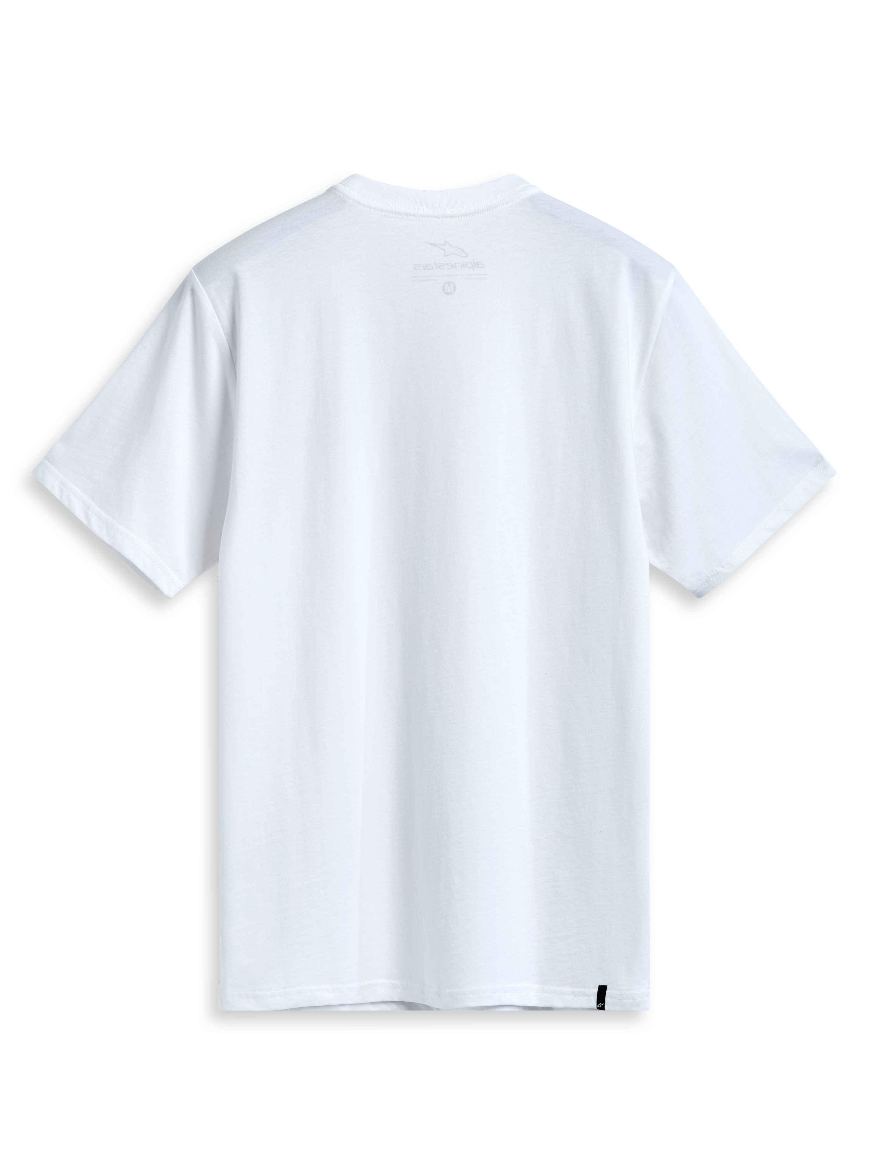 Alpinestars T-Shirt Dot Carbon Csf, t-shirt de manga curta branca, vista traseira mostrando a impressão interna no pescoço e a rotulagem externa, casual sportswear