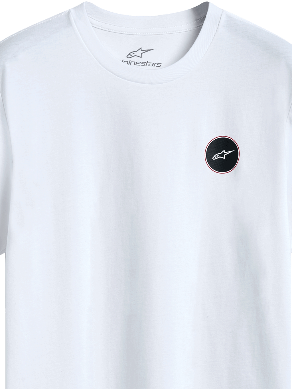 Alpinestars Dot Carbon Csf Tee, t-shirt de manga curta, branca, vista detalhada do logótipo circular preto com preenchimento com efeito de fibra de carbono e estrela branca, impressão interna no pescoço, streetwear casual de desportos motorizados