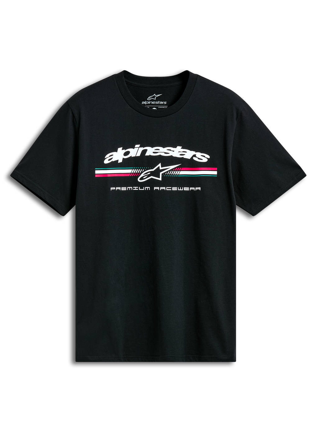 Alpinestars T-shirt Prevail CSF, t-shirt de manga curta preta com logótipo e risca tricolor estilo paddock na frente, casual sportswear