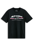Alpinestars T-shirt Prevail CSF, t-shirt de manga curta preta com logótipo e risca tricolor estilo paddock na frente, casual sportswear