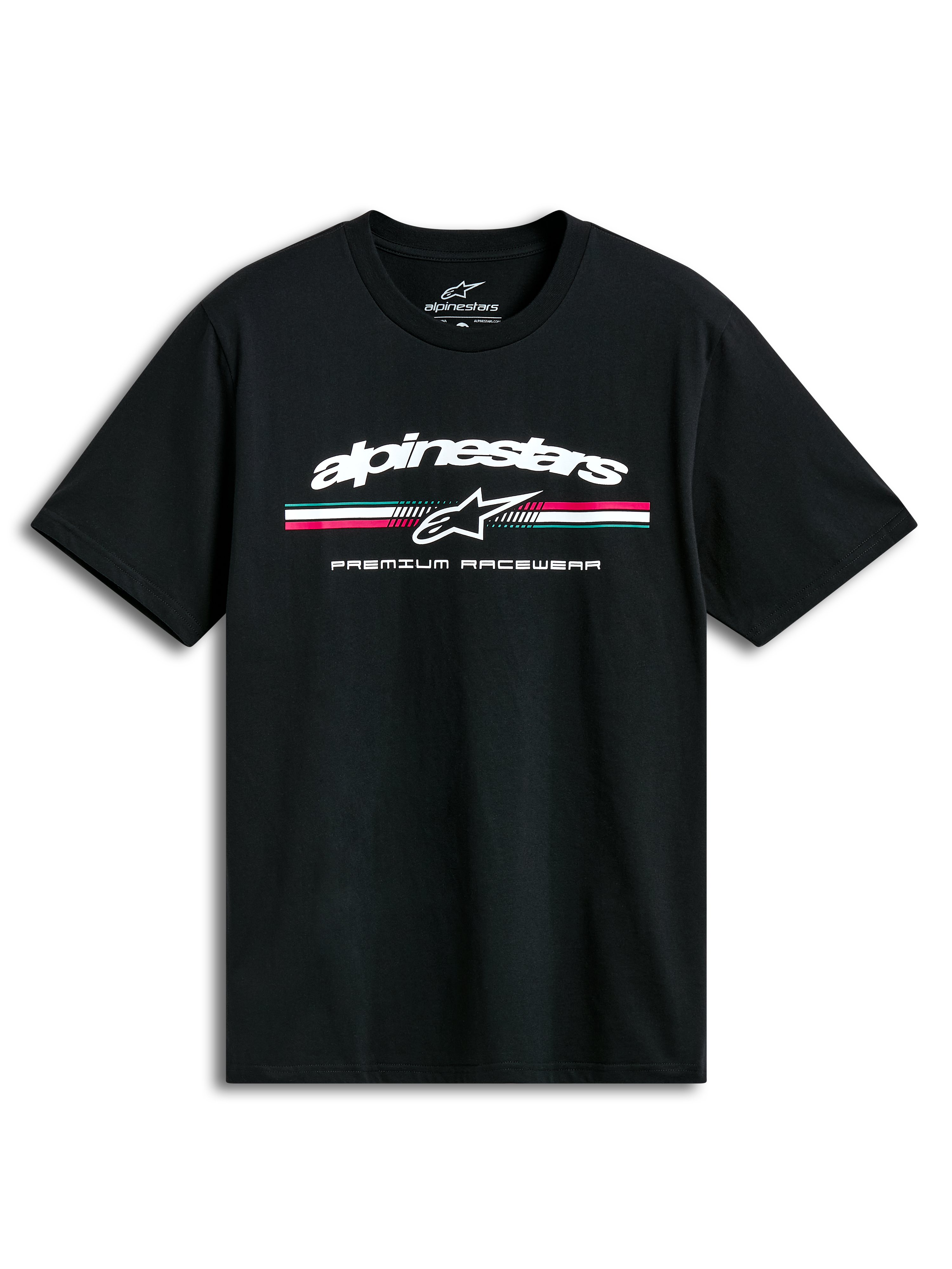 Alpinestars T-shirt Prevail CSF, t-shirt de manga curta preta com logótipo e risca tricolor estilo paddock na frente, casual sportswear