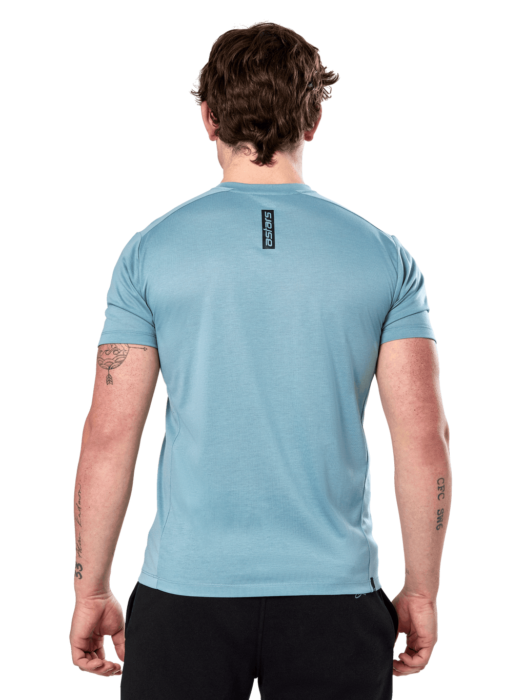 T-shirt Alpinestars Point Performance de manga curta, Azul Gelo, vista de costas com pequeno logótipo vertical preto com a palavra "astars" na parte superior das costas, tecido de desempenho com absorção de humidade, roupa desportiva casual