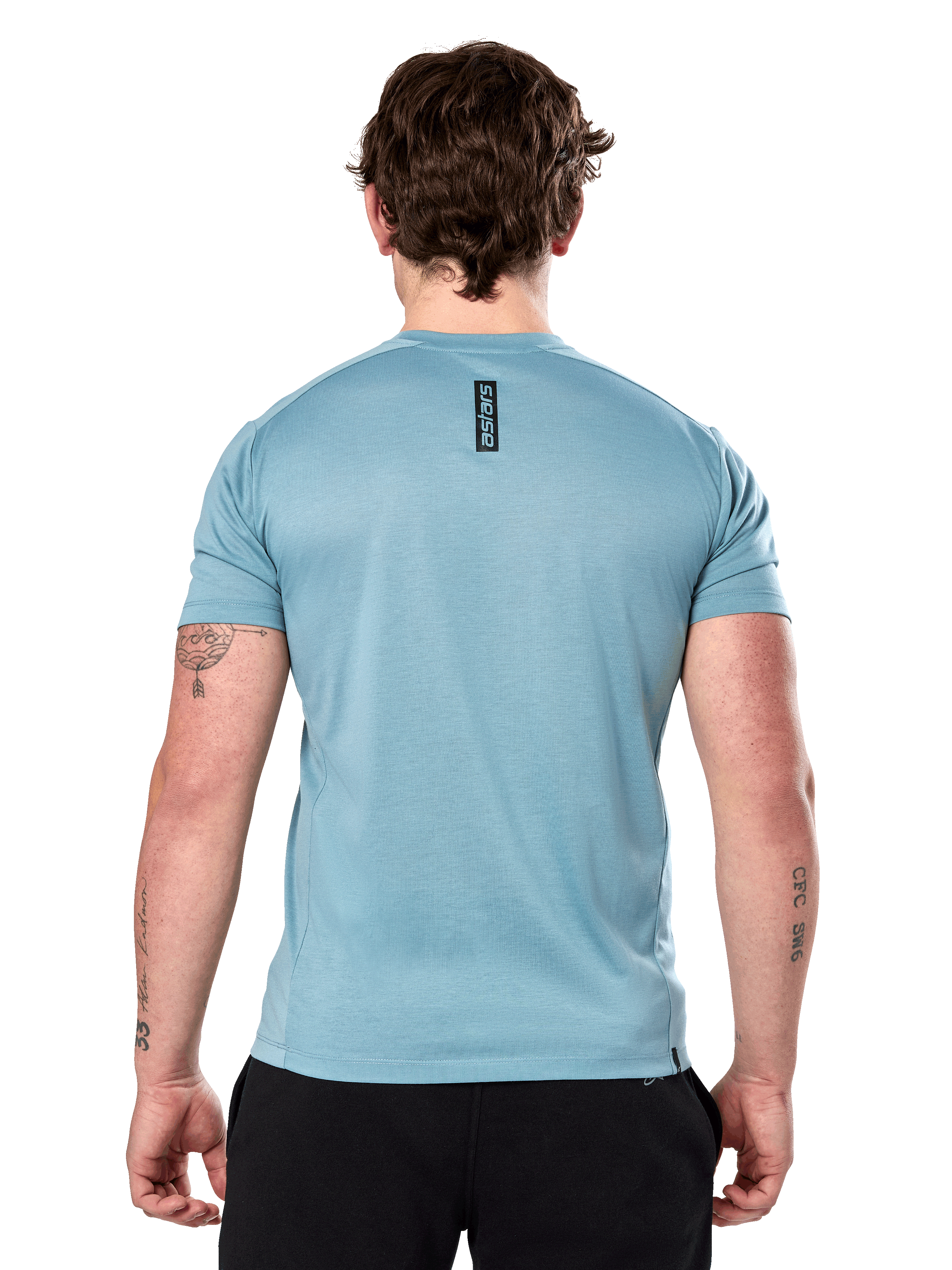 T-shirt Alpinestars Point Performance de manga curta, Azul Gelo, vista de costas com pequeno logótipo vertical preto com a palavra "astars" na parte superior das costas, tecido de desempenho com absorção de humidade, roupa desportiva casual