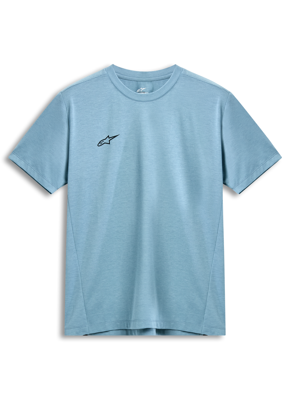 Alpinestars Point Performance Tee, t-shirt de manga curta, azul gelo, pequeno logótipo de estrela preto no peito, gola redonda, tecido de desempenho sustentável com absorção de humidade, casual motorsport streetwear