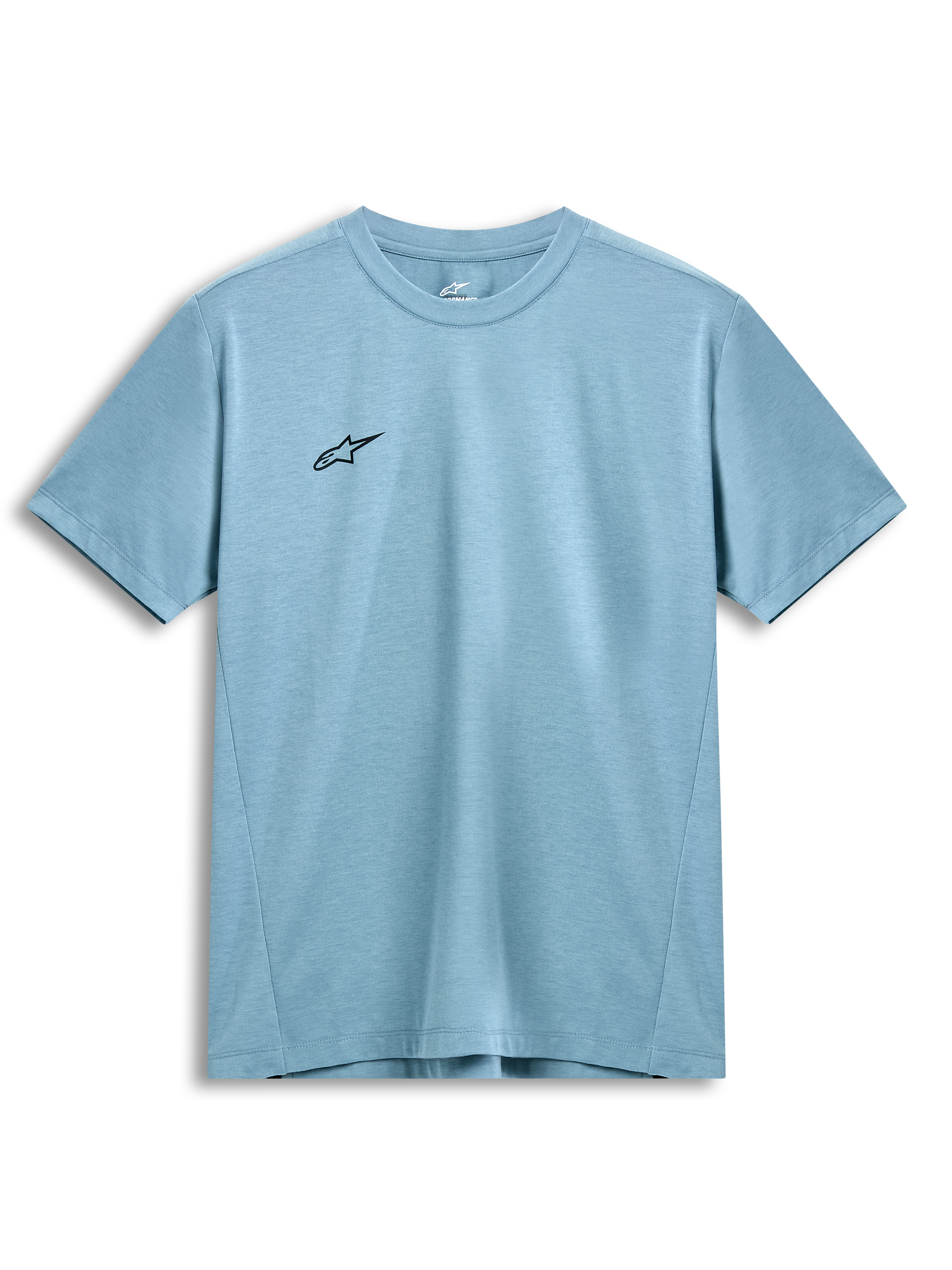 Alpinestars Point Performance Tee, t-shirt de manga curta, azul gelo, pequeno logótipo de estrela preto no peito, gola redonda, tecido de desempenho sustentável com absorção de humidade, casual motorsport streetwear