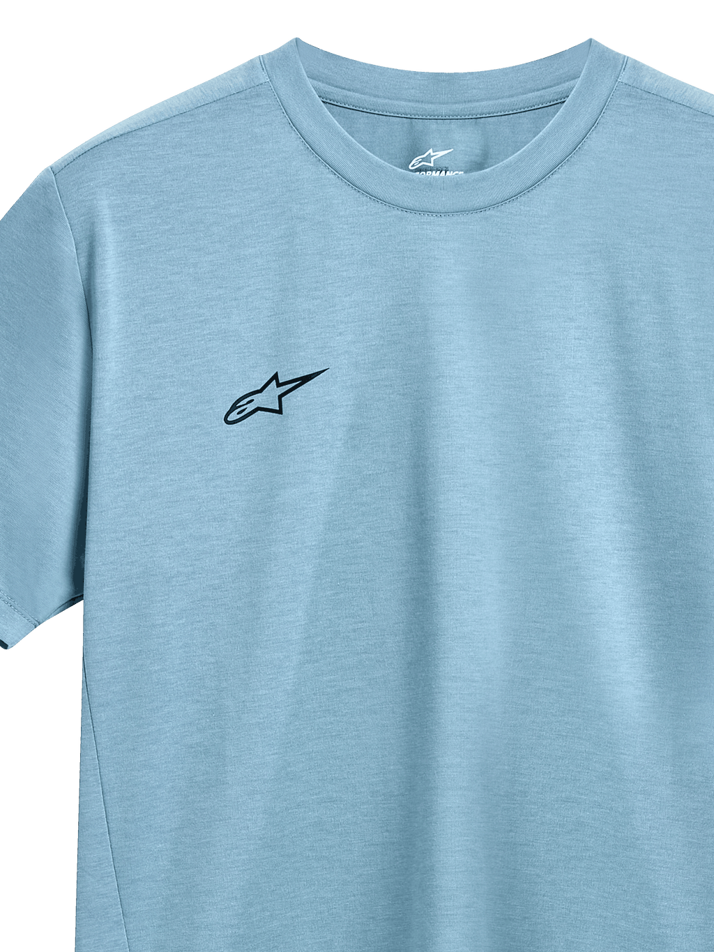 Alpinestars Point Performance Tee, T-shirt de manga curta, azul gelo, pequeno logótipo Alpinestars preto no peito, gola redonda, tecido de performance com absorção de humidade