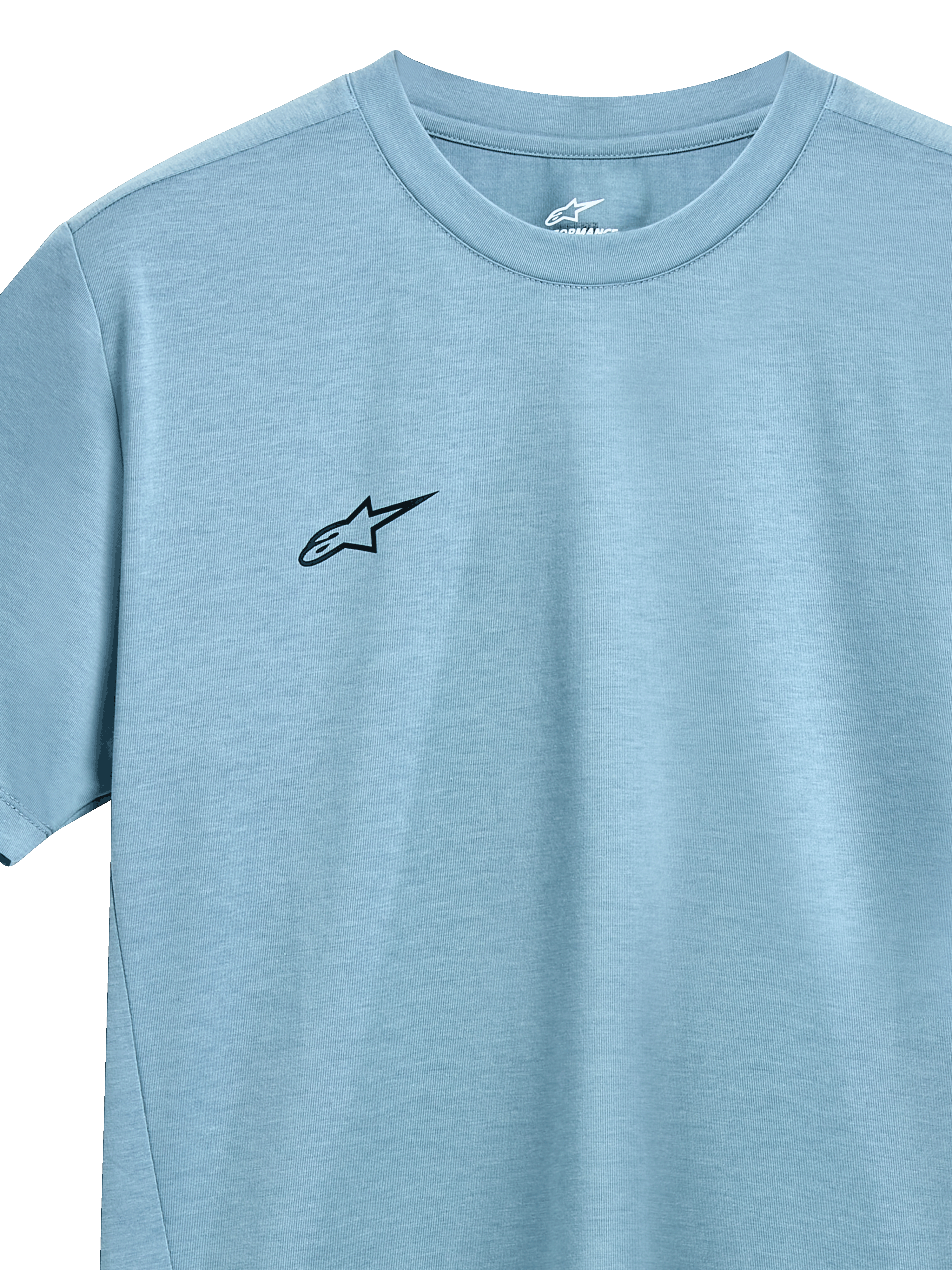 Alpinestars Point Performance Tee, T-shirt de manga curta, azul gelo, pequeno logótipo Alpinestars preto no peito, gola redonda, tecido de performance com absorção de humidade