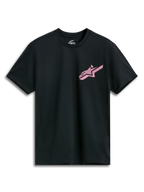 Alpinestars Attrition Performance Tee, t-shirt de performance de manga curta, preta com logótipo Alpinestars cor-de-rosa, gola redonda, roupa desportiva de performance