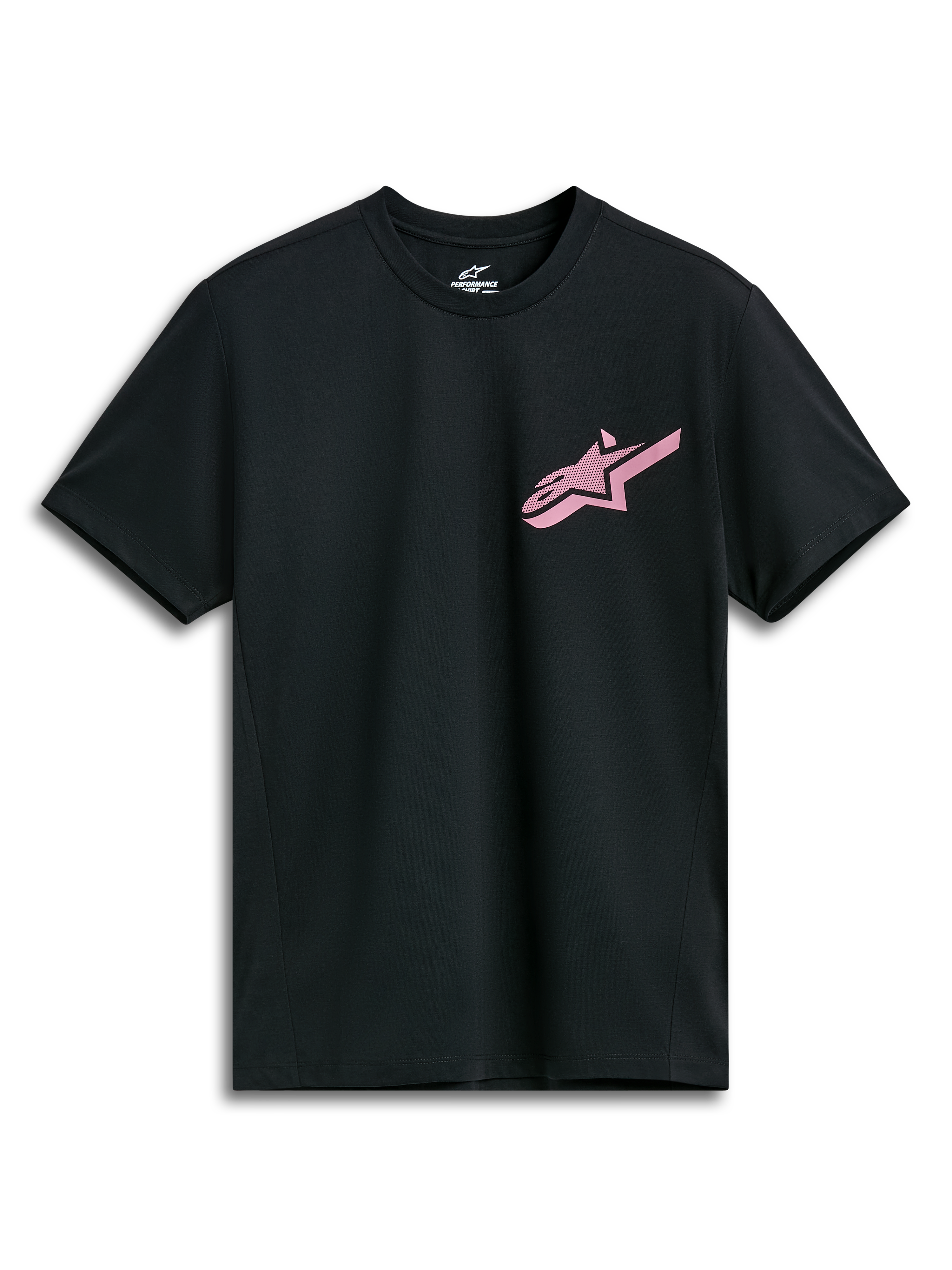 Alpinestars Attrition Performance Tee, t-shirt de performance de manga curta, preta com logótipo Alpinestars cor-de-rosa, gola redonda, roupa desportiva de performance