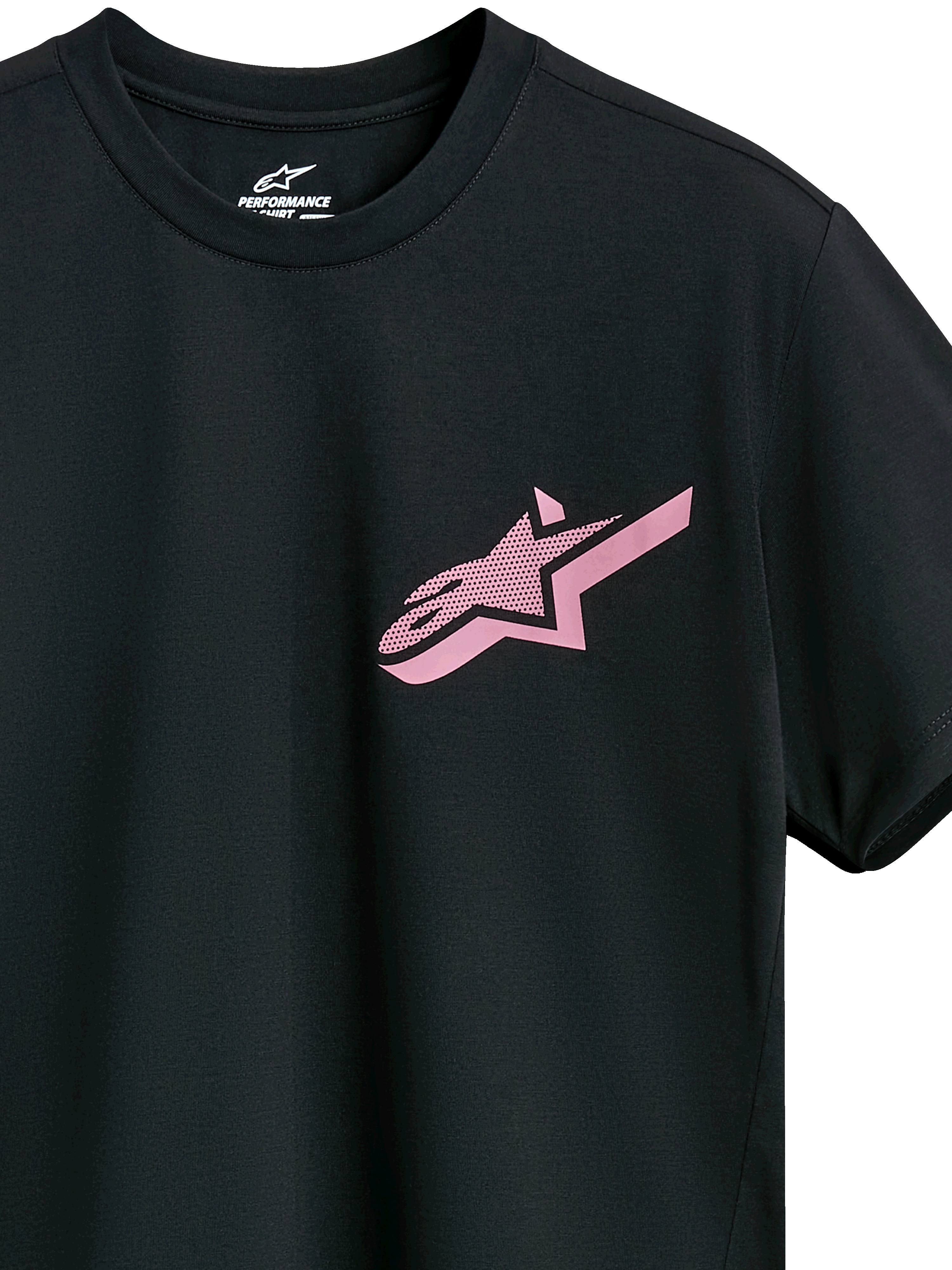 Alpinestars Attrition Performance Tee, t-shirt de manga curta, preta com logótipo Astars rosa, gola redonda, vestuário desportivo de performance