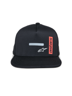 Alpinestars Alter Trucker Hat, boné de pala plana, preto com parte traseira em rede, barra refletora frontal e logótipo de estrela branca, etiqueta vermelha vertical com o texto "astars", vestuário desportivo casual de desportos motorizados