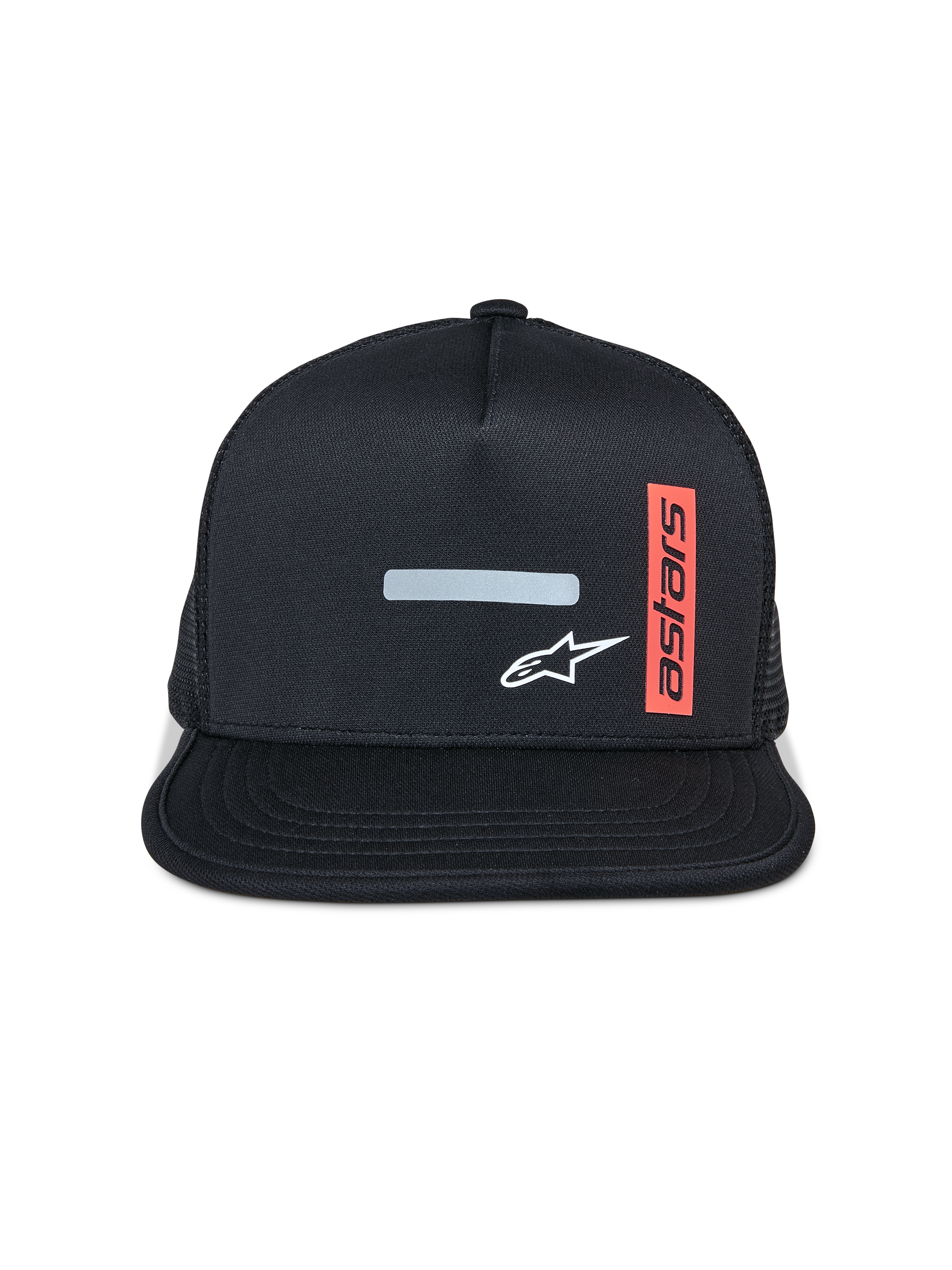 Alpinestars Alter Trucker Hat, boné de pala plana, preto com parte traseira em rede, barra refletora frontal e logótipo de estrela branca, etiqueta vermelha vertical com o texto "astars", vestuário desportivo casual de desportos motorizados