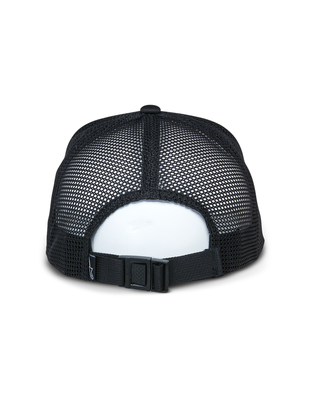 Alpinestars Alter Trucker Hat, boné preto, vista traseira apresentando painéis de malha reciclada respirável e fecho de fivela ajustável, acessório de moda desportiva casual