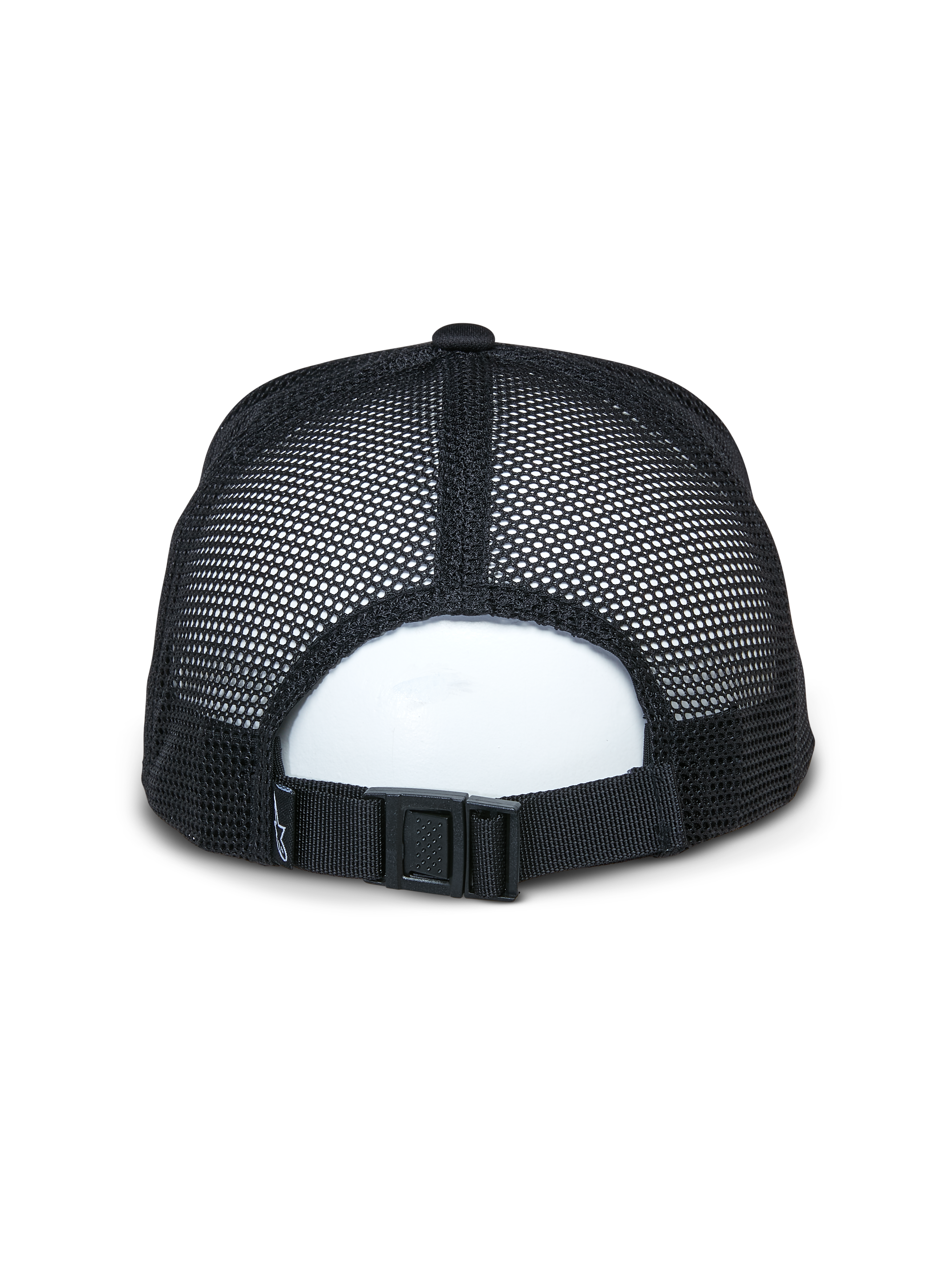 Alpinestars Alter Trucker Hat, boné preto, vista traseira apresentando painéis de malha reciclada respirável e fecho de fivela ajustável, acessório de moda desportiva casual