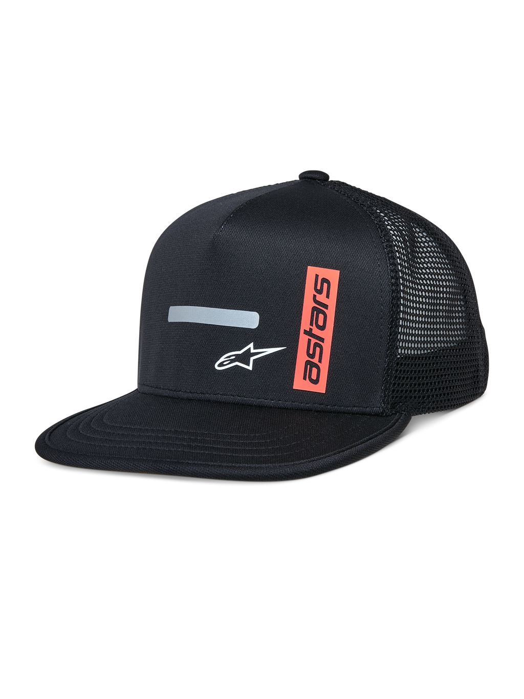 Alpinestars Alter Trucker Hat, boné trucker preto com copa estruturada e pala plana, malha respirável na parte traseira, com uma faixa cinzenta refletora horizontal, logótipo A-star branco e gráfico 'astars' vertical cor de laranja, streetwear casual inspirado no desporto motorizado