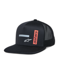 Alpinestars Alter Trucker Hat, boné trucker preto com copa estruturada e pala plana, malha respirável na parte traseira, com uma faixa cinzenta refletora horizontal, logótipo A-star branco e gráfico 'astars' vertical cor de laranja, streetwear casual inspirado no desporto motorizado