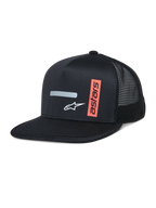 Alpinestars Alter Trucker Hat, boné trucker preto com copa estruturada e pala plana, malha respirável na parte traseira, com uma faixa cinzenta refletora horizontal, logótipo A-star branco e gráfico 'astars' vertical cor de laranja, streetwear casual inspirado no desporto motorizado