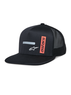 Alpinestars Alter Trucker Hat, Black trucker cap with structured crown and flat bill, breathable mesh back, featuring a horizontal gray reflective stripe, white A-star logo, and a vertical orange astars graphic, casual motorsport-inspired streetwear