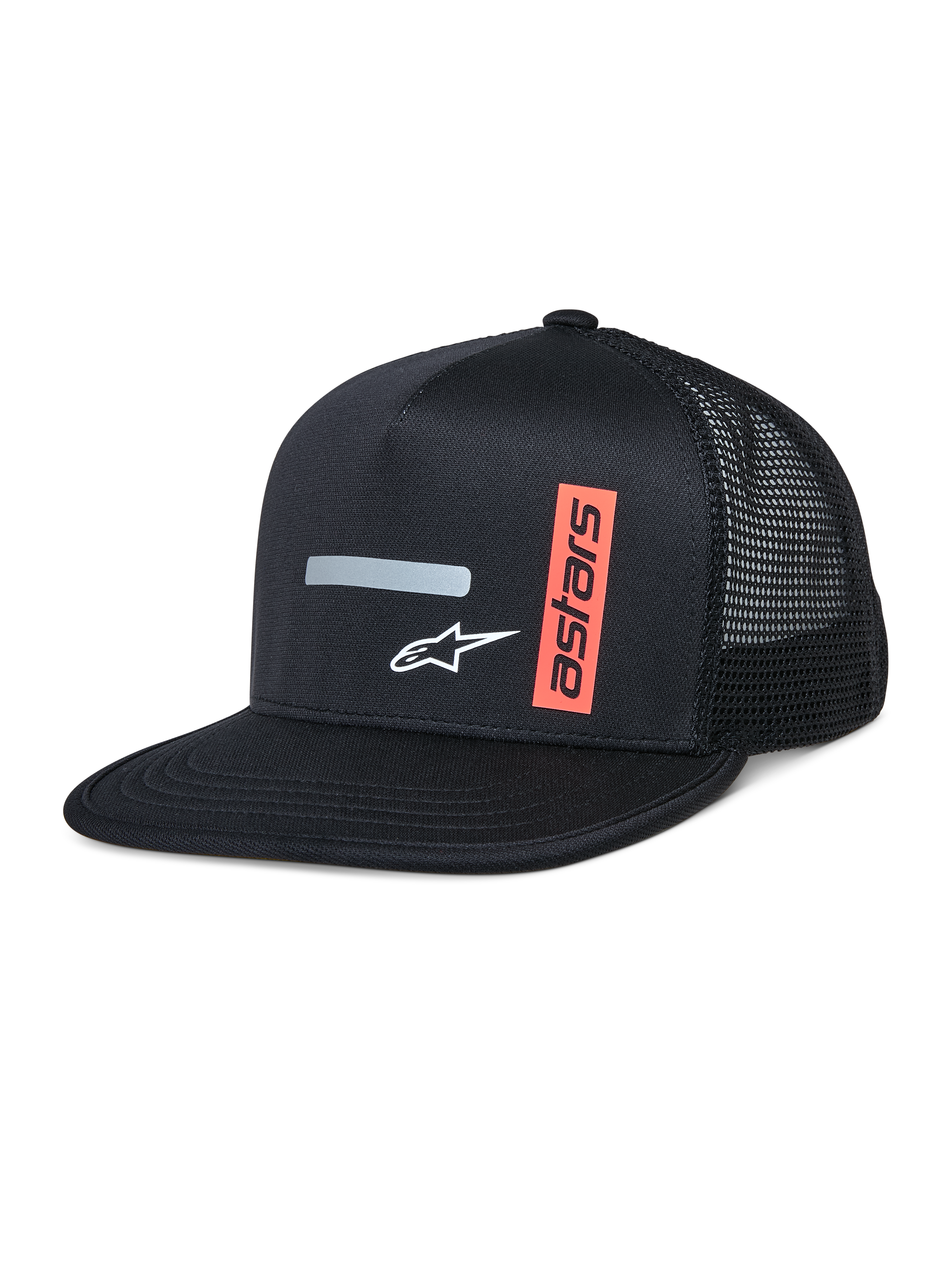 Alpinestars Alter Trucker Hat, boné trucker preto com copa estruturada e pala plana, malha respirável na parte traseira, com uma faixa cinzenta refletora horizontal, logótipo A-star branco e gráfico 'astars' vertical cor de laranja, streetwear casual inspirado no desporto motorizado