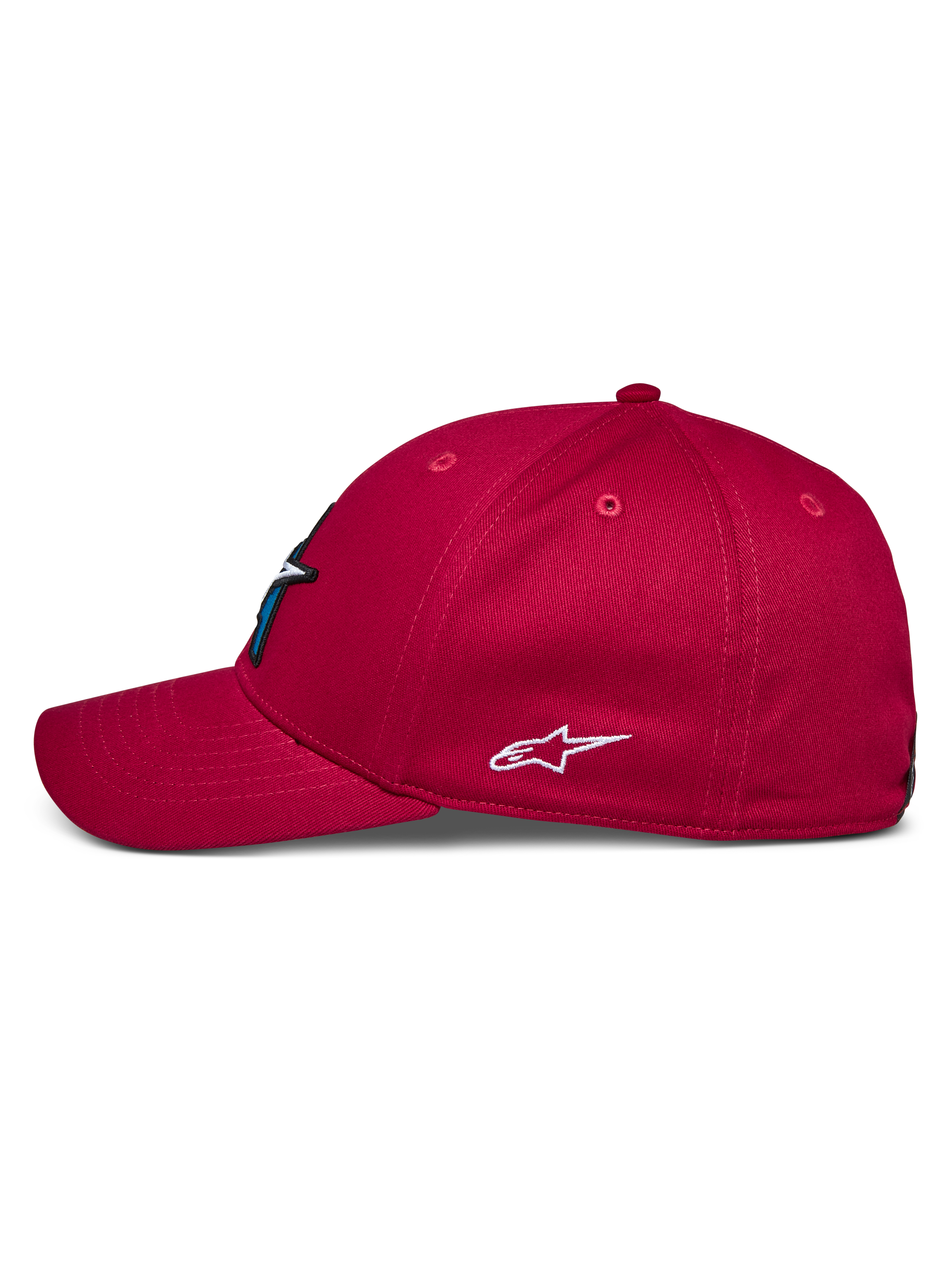 Alpinestars Elemental Hat, Red, side profile view, curved bill and structured crown, white embroidered Alpinestars logo on side, casual motorsport-inspired headwear
