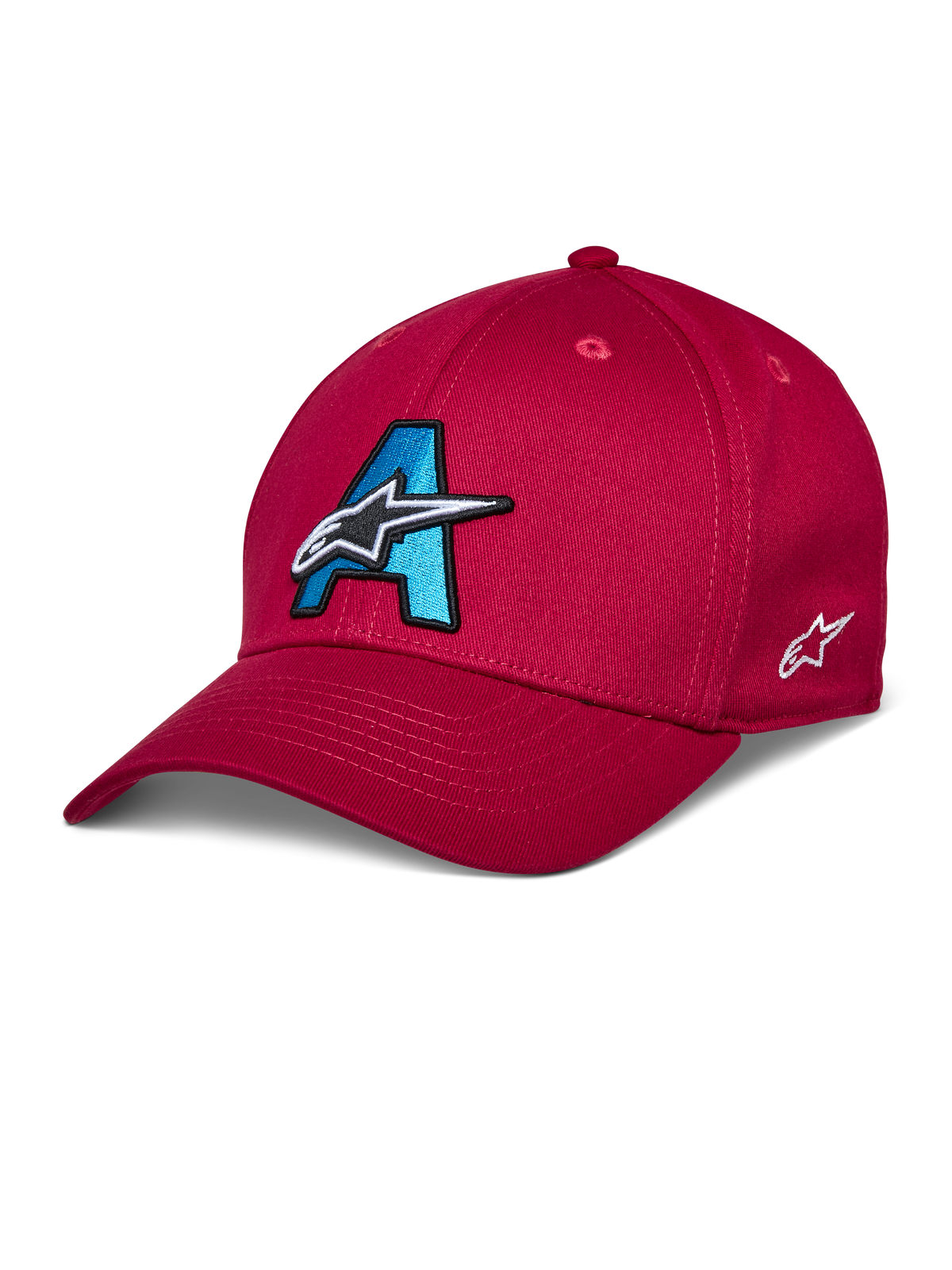 Alpinestars Elemental Hat, boné de basebol vermelho, logótipo "A" bordado em 3D azul ciano e preto, design de estrela branca, pala curva, copa estruturada, acessório de cabeça casual de desporto motorizado