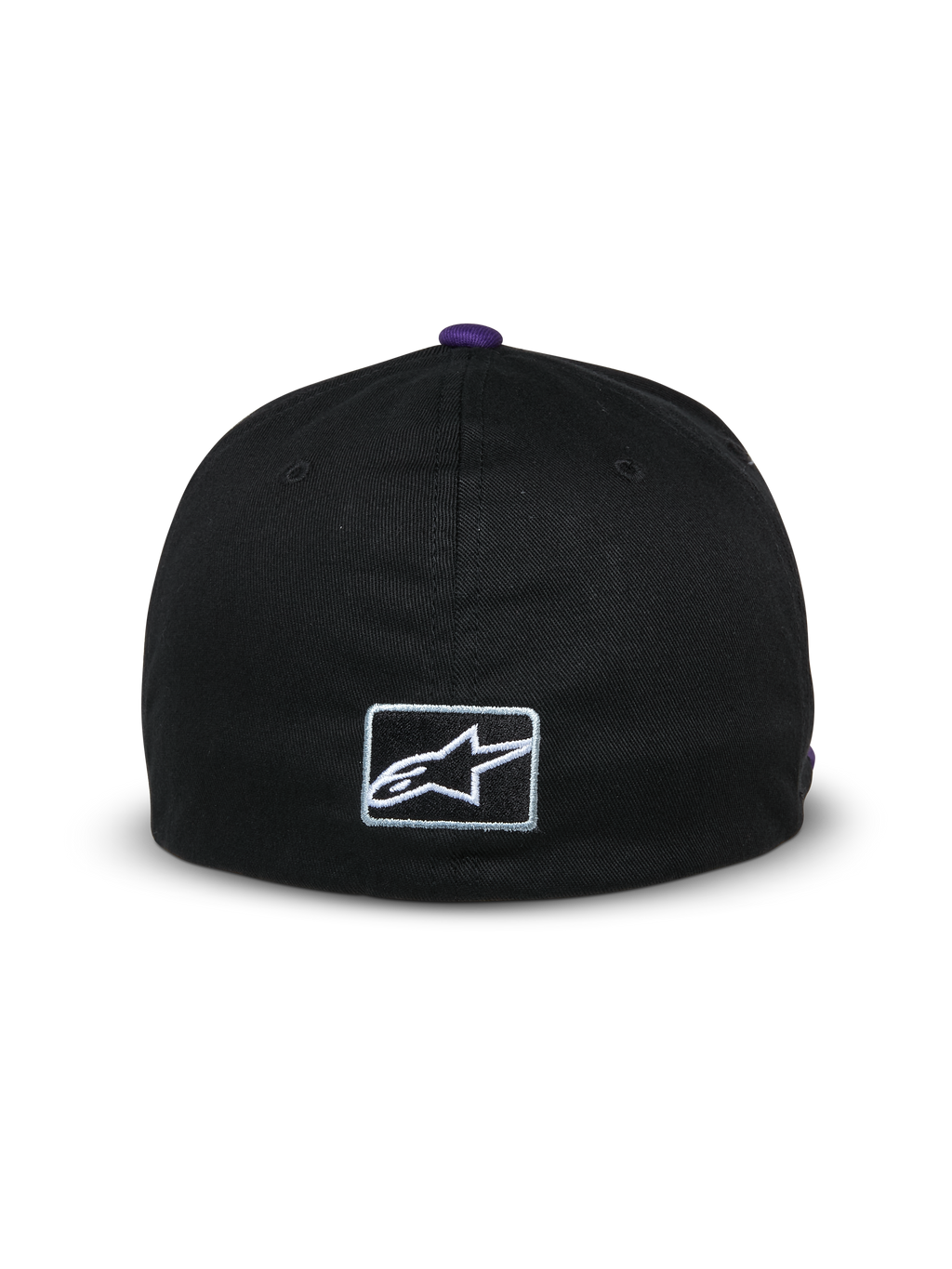 Boné Franchise Alpinestars, vista traseira de um boné de basebol preto, botão roxo no topo, pequeno logótipo Astars branco bordado atrás, design flex-back, streetwear casual inspirado no desporto motorizado