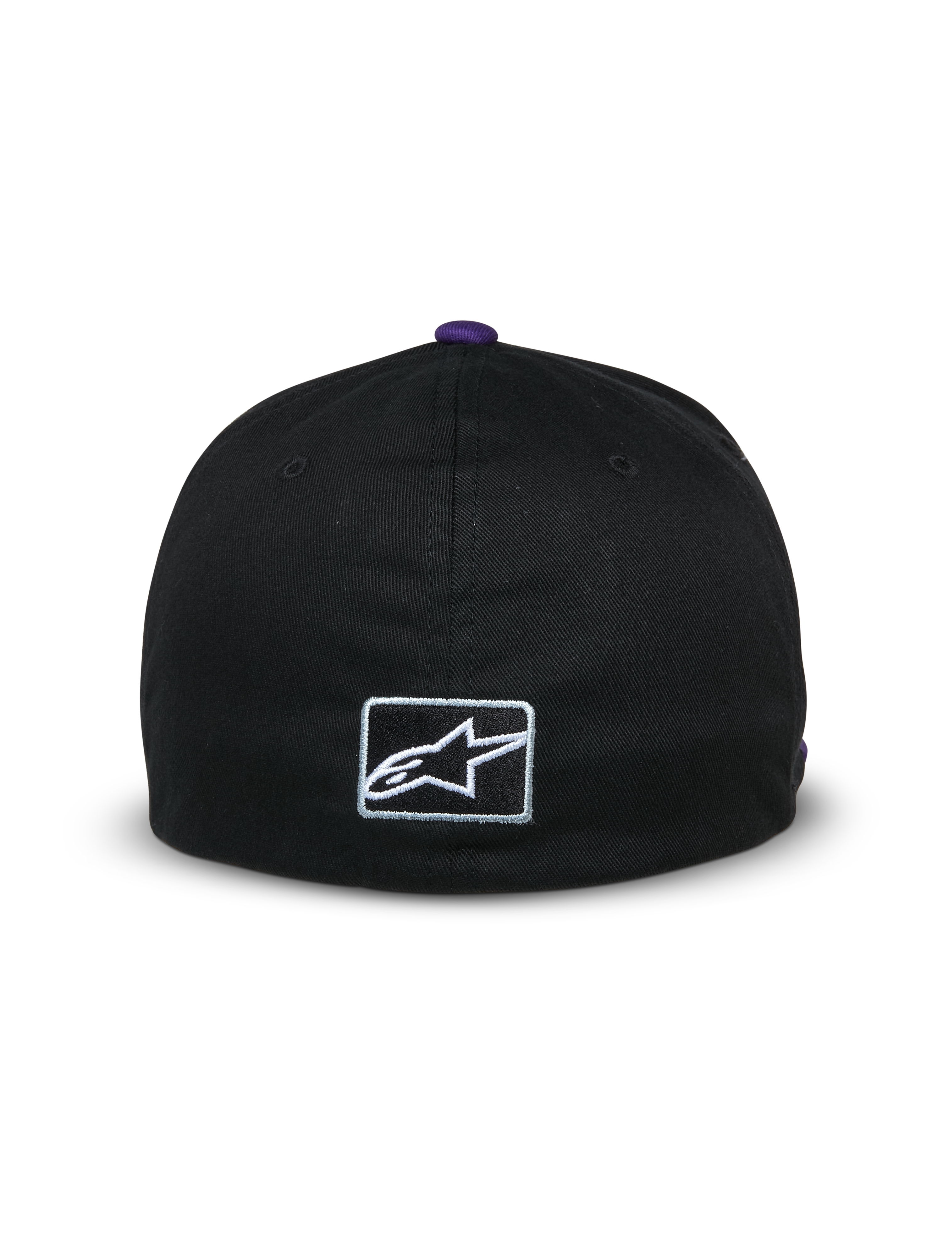 Boné Franchise Alpinestars, vista traseira de um boné de basebol preto, botão roxo no topo, pequeno logótipo Astars branco bordado atrás, design flex-back, streetwear casual inspirado no desporto motorizado