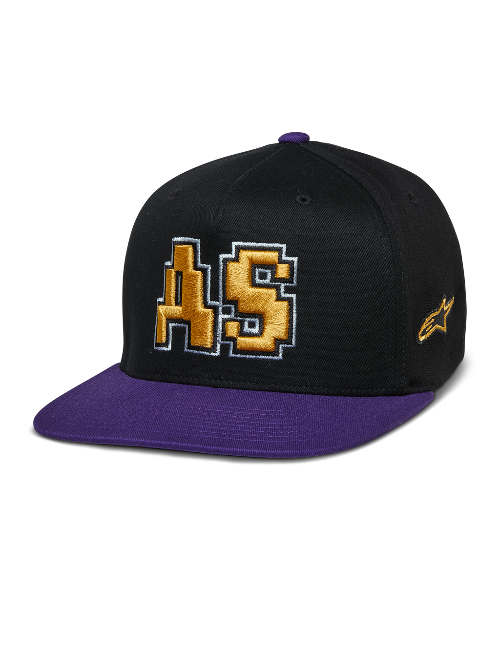 Alpinestars Franchise Hat, boné de pala plana, preto e roxo, logótipo AS bordado em 3D a dourado com contorno branco, pala e botão superior em roxo, design estruturado Flex Fit