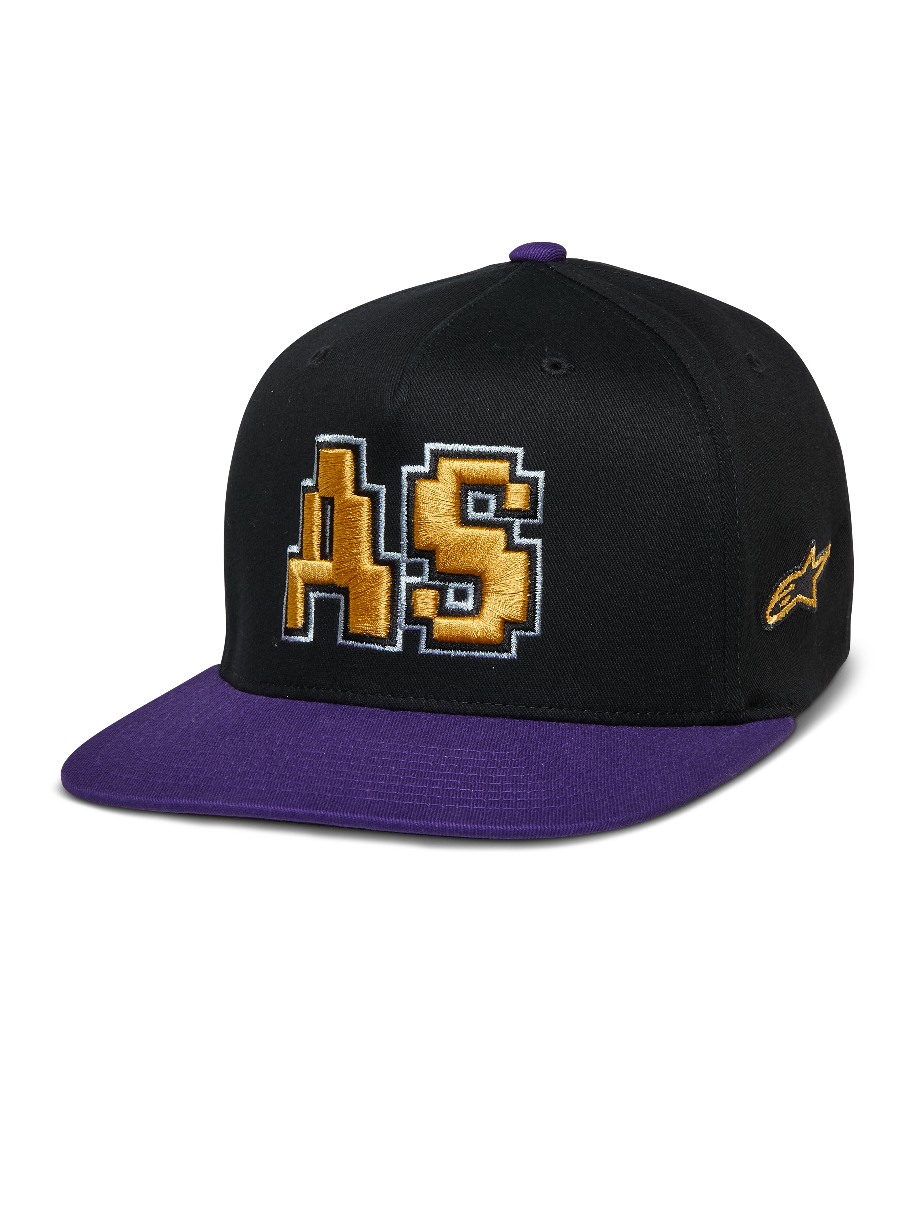Alpinestars Franchise Hat, boné de pala plana, preto e roxo, logótipo AS bordado em 3D a dourado com contorno branco, pala e botão superior em roxo, design estruturado Flex Fit