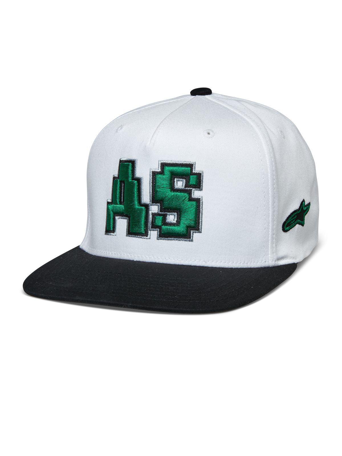 Alpinestars Franchise Hat, copa branca com pala plana preta, logótipo AS bordado a verde em 3D, boné de basebol com ajuste flexível, acessório de moda motorsport