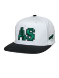 Alpinestars Franchise Hat, copa branca com pala plana preta, logótipo AS bordado a verde em 3D, boné de basebol com ajuste flexível, acessório de moda motorsport