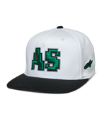 Alpinestars Franchise Hat, copa branca com pala plana preta, logótipo AS bordado a verde em 3D, boné de basebol com ajuste flexível, acessório de moda motorsport