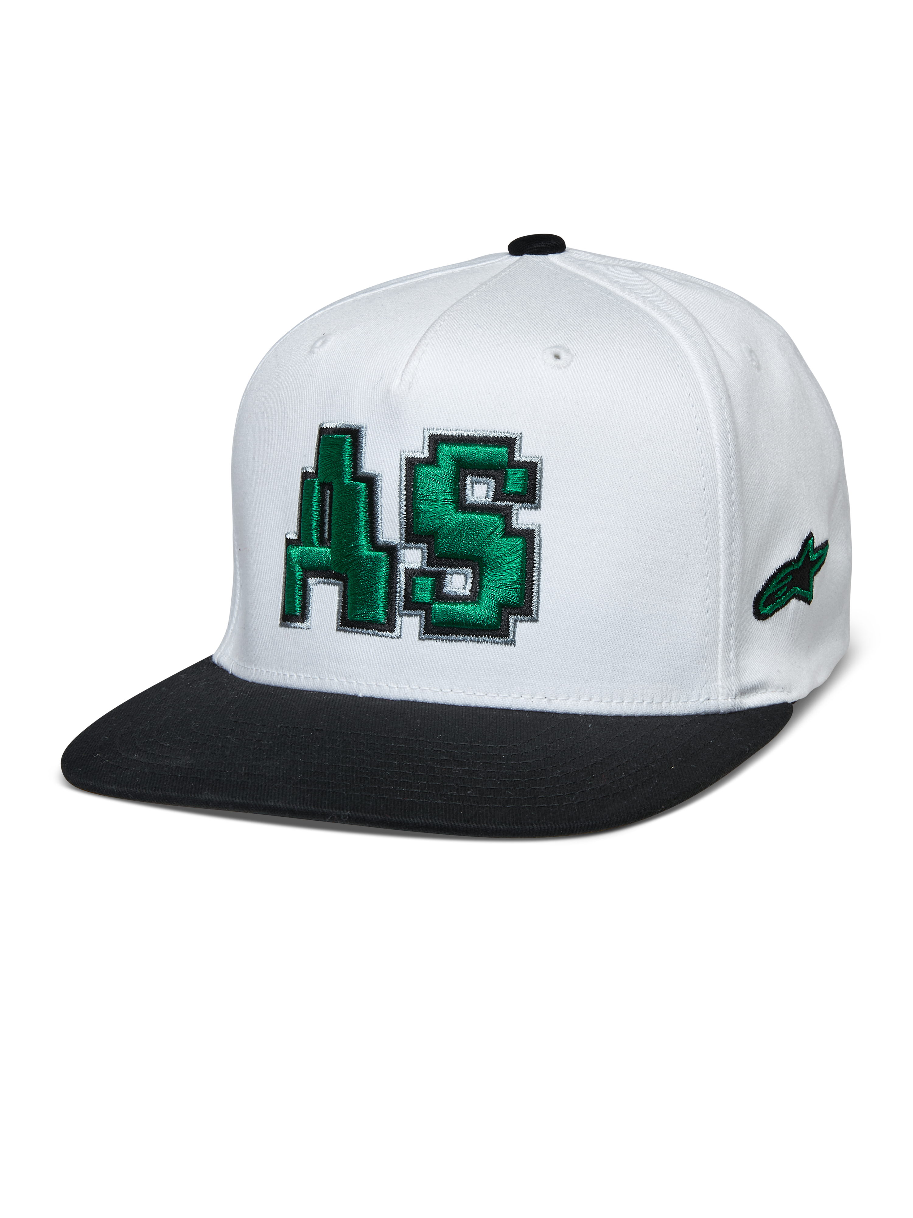 Alpinestars Franchise Hat, copa branca com pala plana preta, logótipo AS bordado a verde em 3D, boné de basebol com ajuste flexível, acessório de moda motorsport